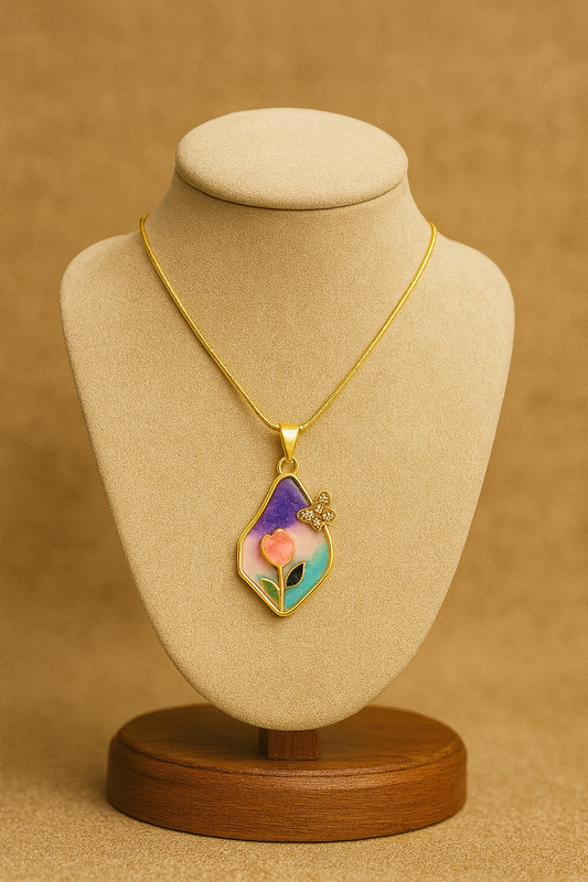 Floral Enamel Pendant Necklace – Artificial Gold Plated | Octra Store
