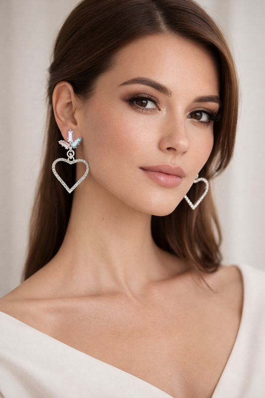 Silver Crystal Heart Drop Earrings with Pastel Stones | Octra Store