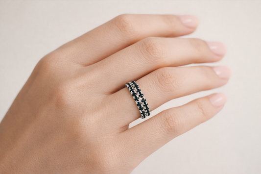 Silver Double Row Black Stone Ring | Octra Store
