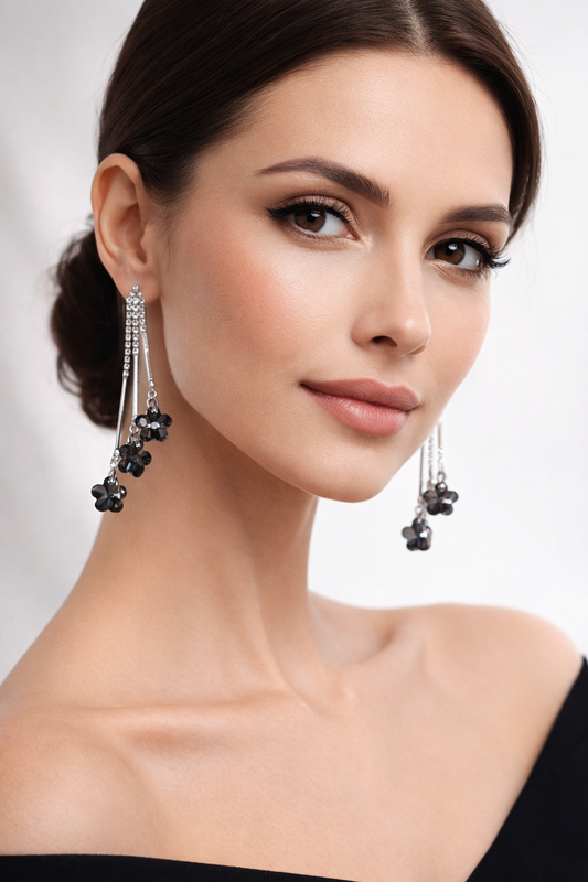 Silver Crystal Tassel Earrings with Black Floral Drops | Octra Store