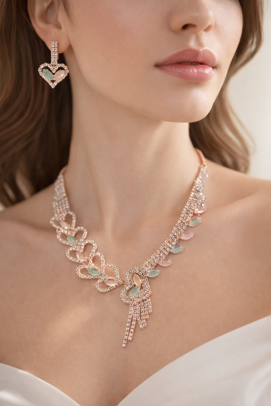 Rose Gold Heart Crystal Necklace & Earring Set | Octra Store
