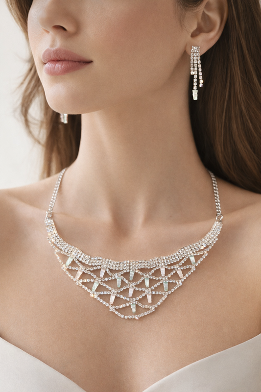 Silver Crystal Net Necklace Set with Pastel Drop Earrings | Octra Store