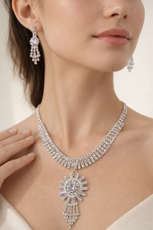 Silver Crystal Sunburst Necklace & Long Earring Set | Octra Store