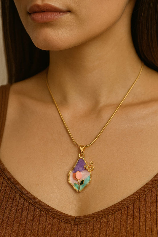 Floral Enamel Pendant Necklace – Artificial Gold Plated | Octra Store