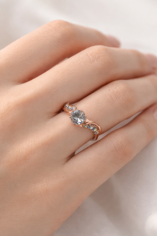 Rose Gold Twisted Band Ring with Round Solitaire and Opal Accent Stones | Octra Store